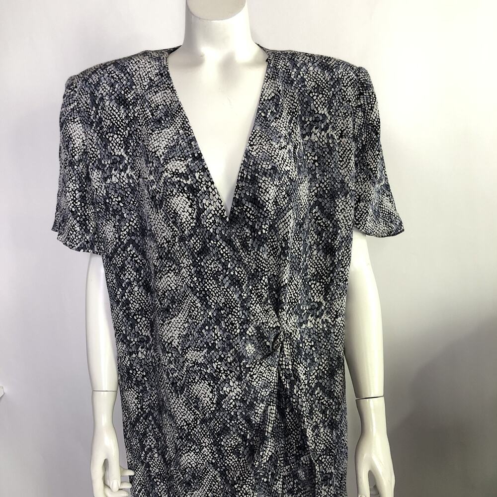 Adrianna Papell VINTAGE Size 16 100% Silk Maxi Button Wrap Dress Gray Black